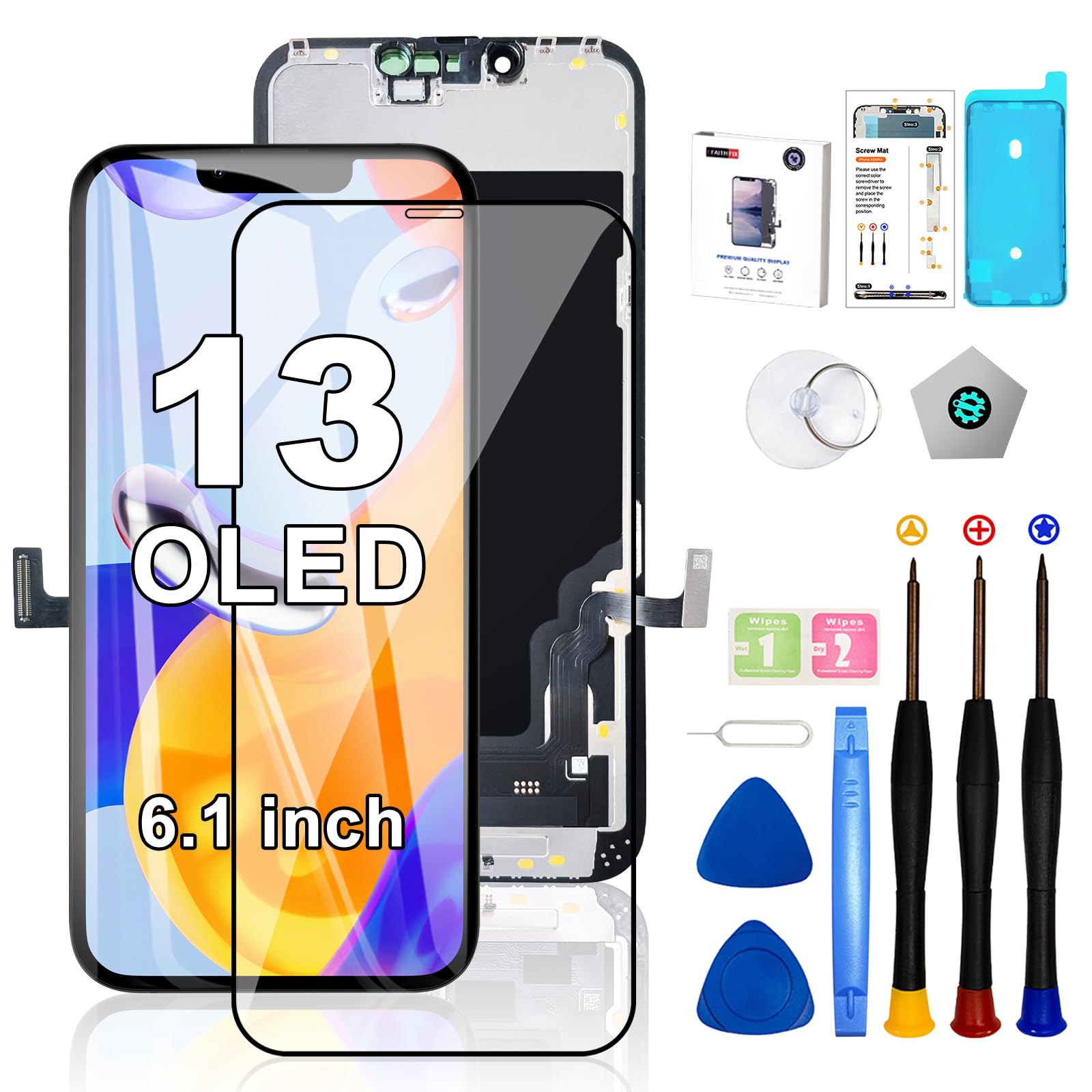 EFAITHFIX for iPhone 13 Screen Replacement OLED [NOT LCD] 6.1 Inch Display 3D Touch Screen FHD Digitizer Assembly (A2482 A2631 A2633 A2634 A2635) with Repair Tools Waterproof Adhesive Screen Protector