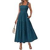 BTFBM Women's 2026 Spring Boho Spaghetti Strap Dress Casual Sleeveless Smocked A Line Beach Sundress Long Maxi Dresses