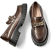 BEAU TODAY Chunky Loafers for Women,Womens Platform Loafer Shoes,Chunky Heel Lug Sole Slip-on Metal Chain Shoes,Comfort Round Toe Business Work Office Shoes