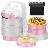 LNYZQUS 4” Mini Cake Tins with Lids 50 Pack, Small Aluminum Foil Pie Pans Disposable Ramekins Mini Tart Creme Brulee Baking Pans Dishes,Individual Muffin Tins Small Cake Contaniers-Pink