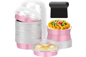4” Mini Cake Tins with Lids 50 Pack,LNYZQUS Small Aluminum Foil Pie Pans Disposable Ramekins Mini Tart Creme Brulee Baking Pans Dishes,Individual Muffin Tins Small Cake Contaniers-Pink
