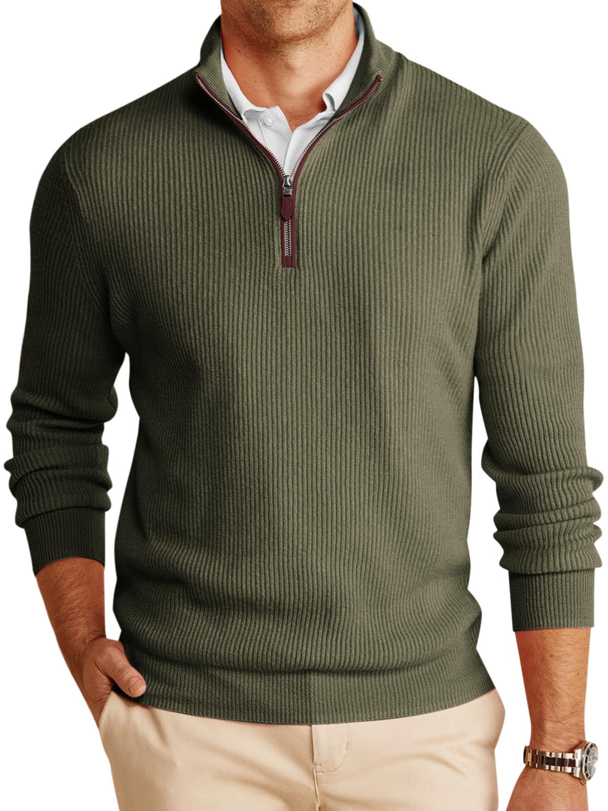 Photo 1 of **used Runcati Mens Quarter-Zip Pullover Sweater Casual Mock Neck Winter Warm Ribbed Polo Sweaters Army Green lg