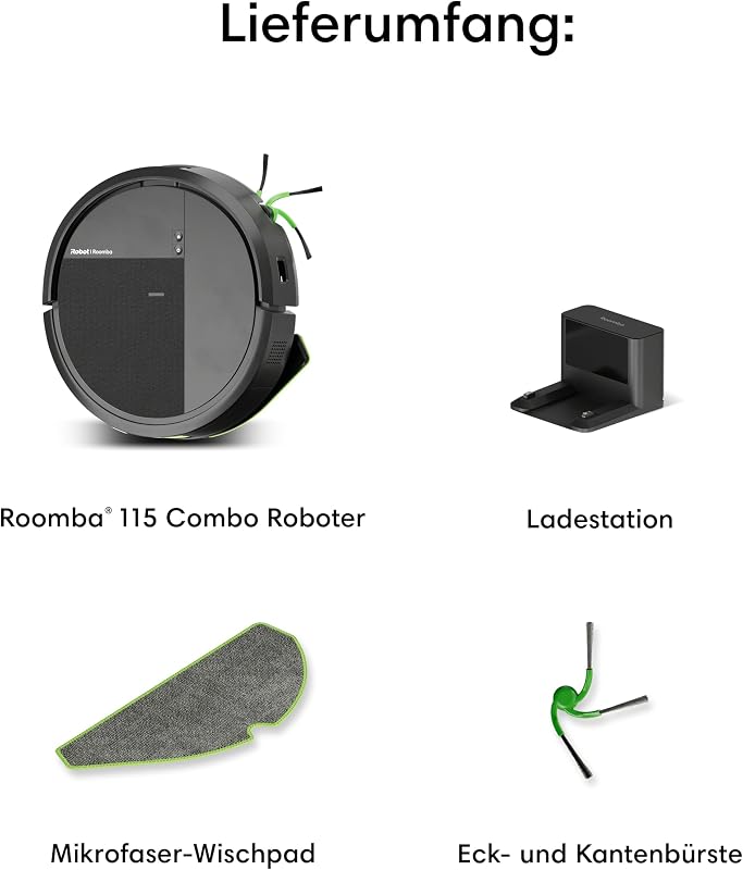 Roomba® 115 Combo Saug- und Wischroboter, 15k Pa Saugleistung, Bürsten und Wischpad reichen, Navigation mit Clearview™ LiDAR, Schwarz