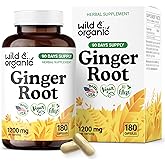 Wild & Organic Ginger Root Capsules 1200 mg - Immune & Digestive Support - Ginger Root Supplement - Zingiber Officinale Powder - 90 Days of Supply - Vegan, No Fillers, Non-GMO - 180 Count