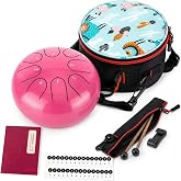 Steel Tongue Drum with Carrying Case: 6 Inch 8 Notes Rain Drum for Outside | Steel Drum Key of C 440Hz with Mallets Music Book Note Stickers for Garden Meditation Yoga Beginner, Pink