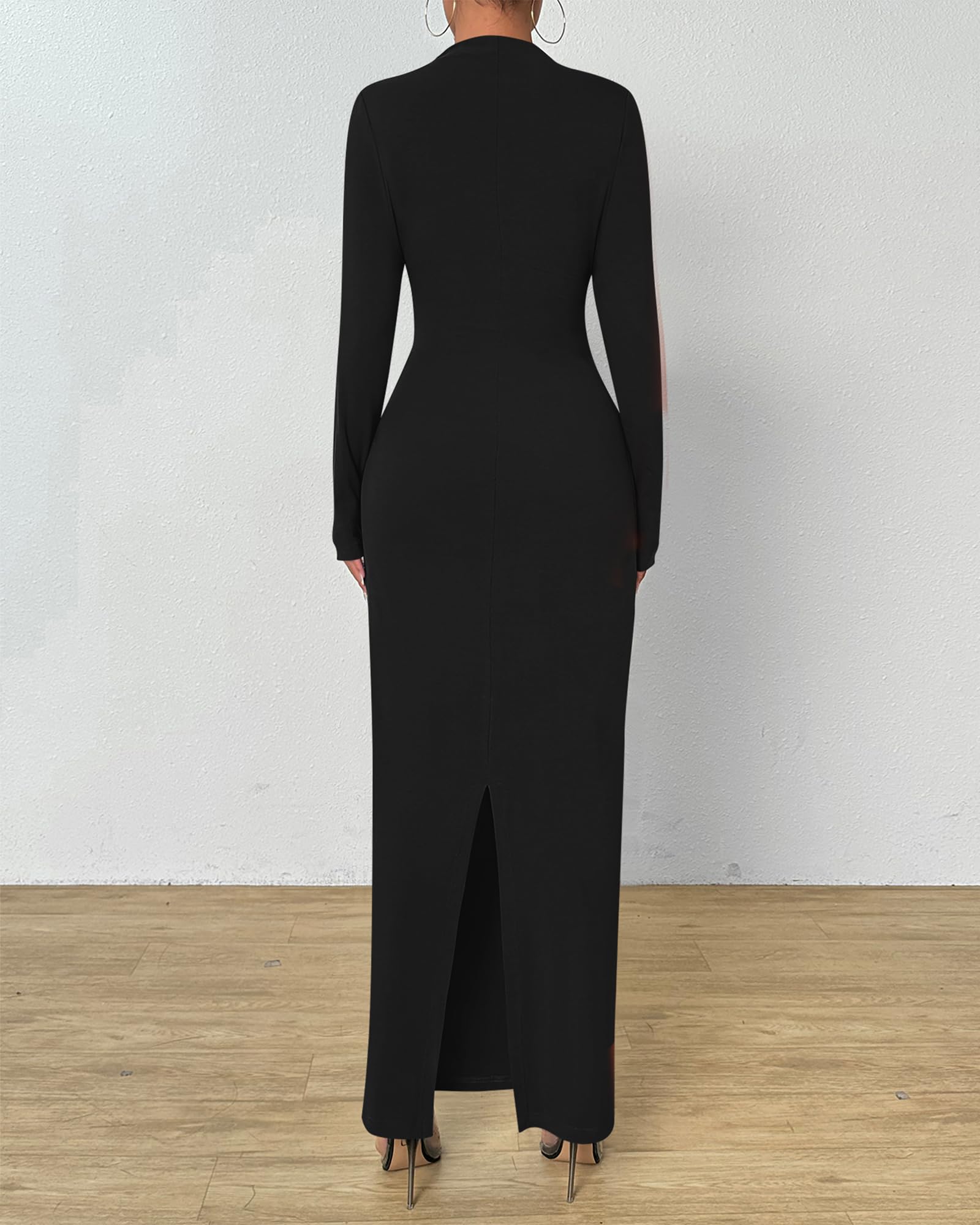 BTFBM Women Bodycon Maxi Dress Long Sleeve Back Slit Ruched Elegant Party Cocktail Formal Fall Wedding Guest Dresses