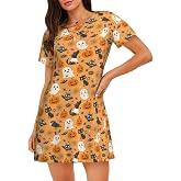 GiftDIYIdea Halloween Nightgown Short Funny Pajamas Dress for Women, Halloween Sleep Dress