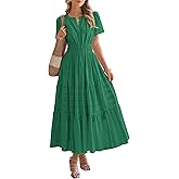 BTFBM Womens Summer 2026 Casual Midi Maxi Dresses Lightweight Short Sleeve V Neck Elastic Waist Boho Beach Dress Pockets