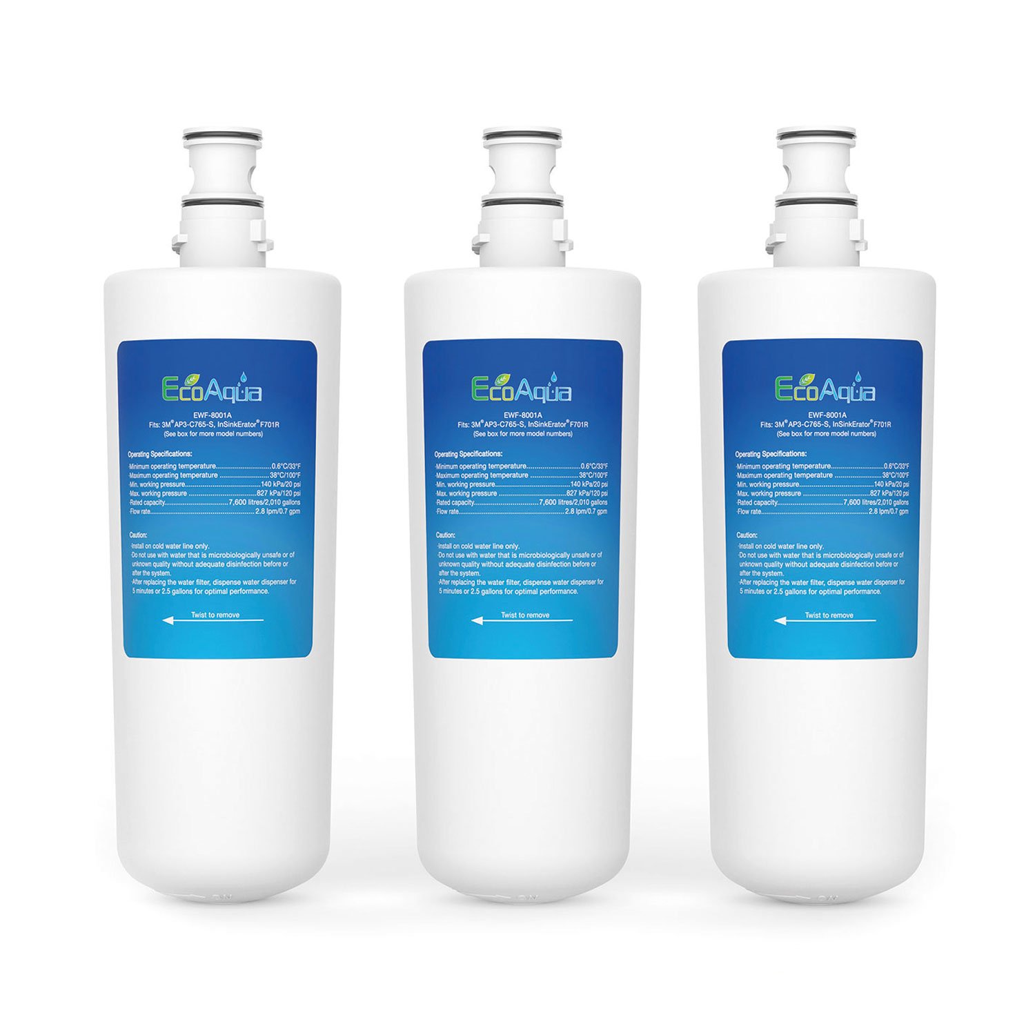 EcoAqua EWF-8001A Water Filter Replacement Compatible With InSinkErator Model F701R, Steaming Hot Water Tap, HC1100, GN1100, HC3300, HC3300 & - 3US-AF01, 3M AP3-765-S (3)