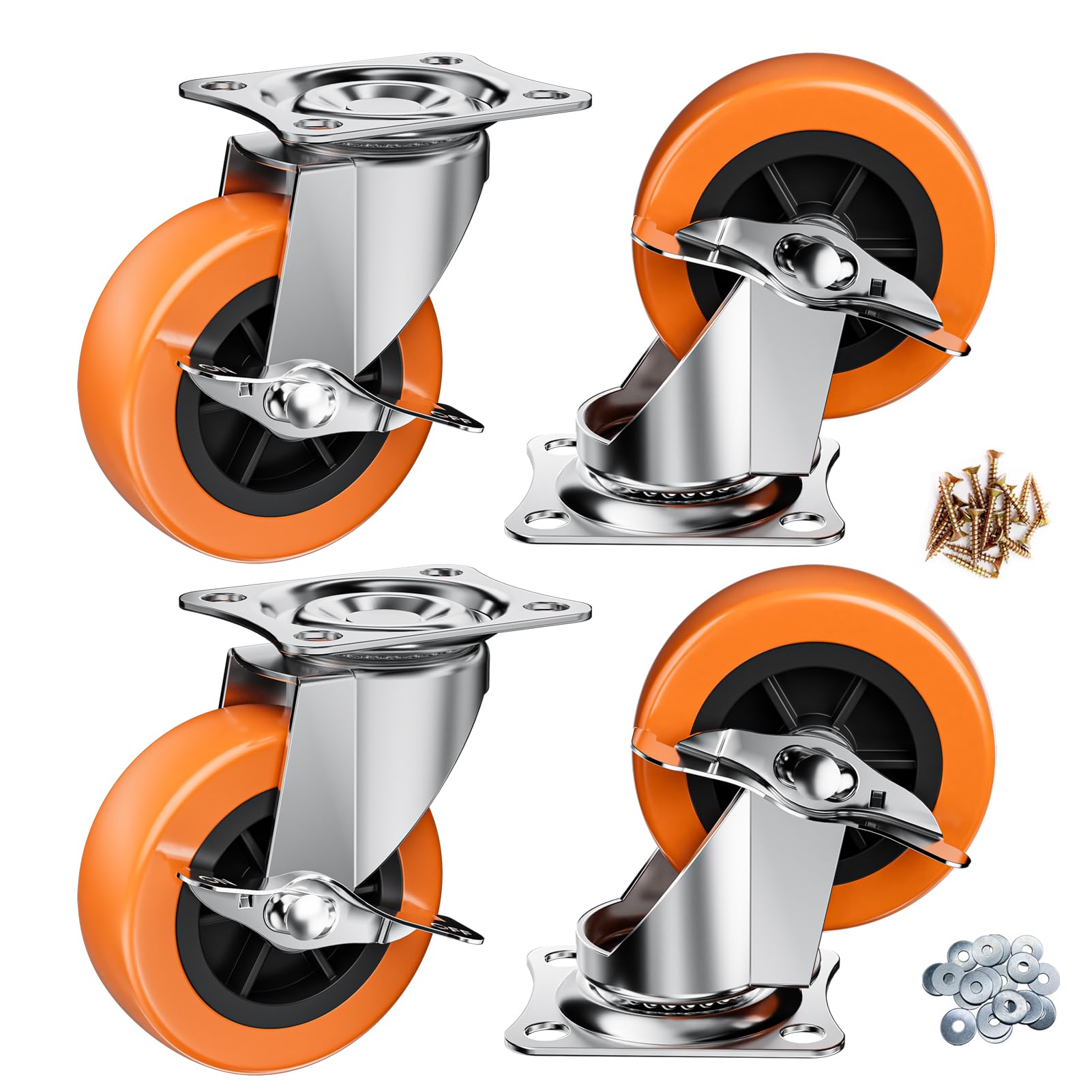 Photo 1 of **PARTIAL SET**
2.5 Inch Casters, ASHGOOB Caster Wheels with Side Brake, Locking Casters Set of 3, Industrial/Furniture Swivel Plate Caster Wheels for Workbench and Carts, Orange Polyurethane (PU) Castors (3 Pack)