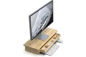 WELL WENG Bamboo Monitor Stand with Large Storage Drawer,23 Inch Ergonomic Computer Riser for Desk, Holds Up to 220lbs, Scree