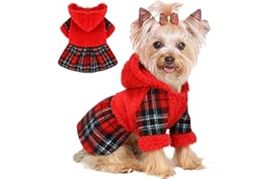 SEBAOYU Dog Dress for Small Dog, Warm Fleece Plaid Hooded Sweater Girl Clothes for Chihuahua Yorkie Teacup, Cute Winter Warm Outfit Puppy Dress for Chihuahua Yorkie, Teacup Cat Female (Red, S)