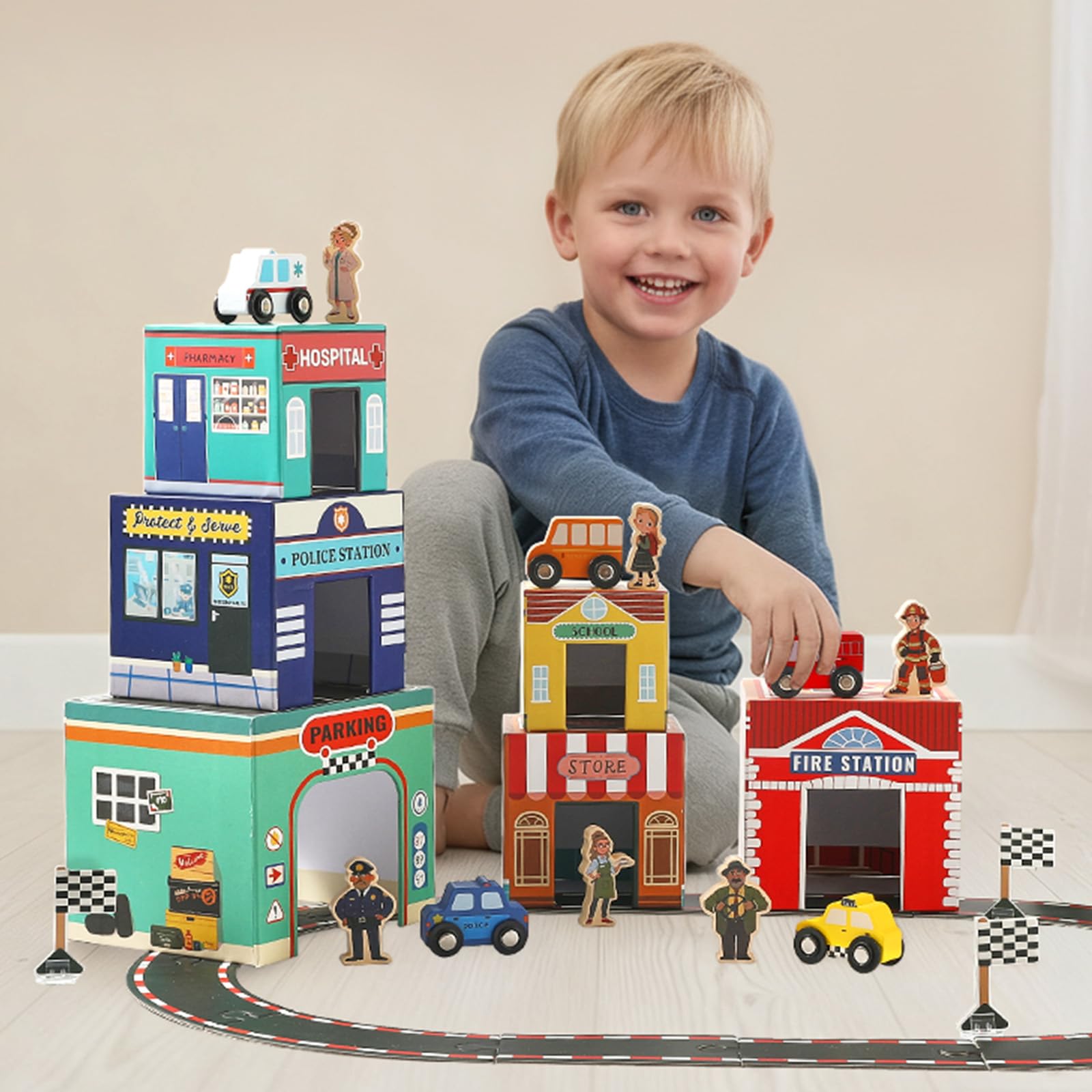 Photo 1 of 3-in-1 Sorting and Stacking Toys for Toddlers | Wooden Community Helpers, Nesting Boxes & Vehicle Track | Montessori Preschool Learning Toys Gift for 2 3 4 Year Old Boys Girls