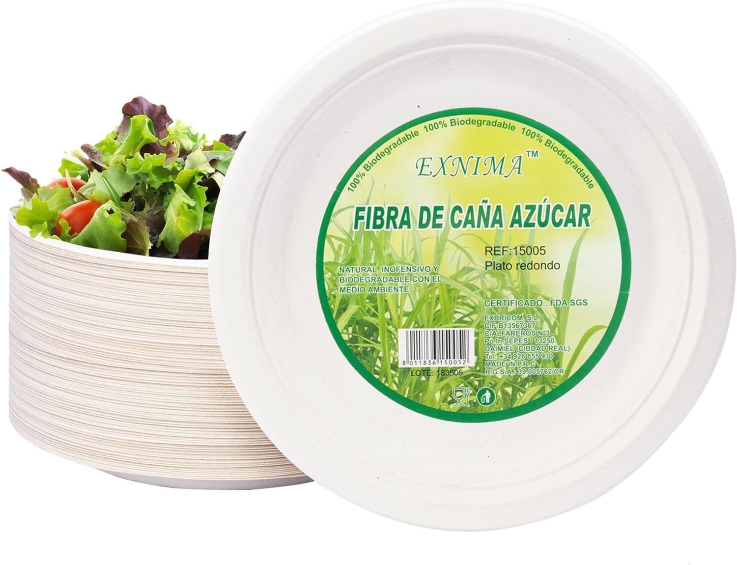 EXNIMA, Biodegradable Disposable Plates Made of Sugarcane Fiber, Natural, 100% Biodegradable, Round, Flat, for Meals, Barbecues, Parties, Birthdays (50 Plates, 20 cm)