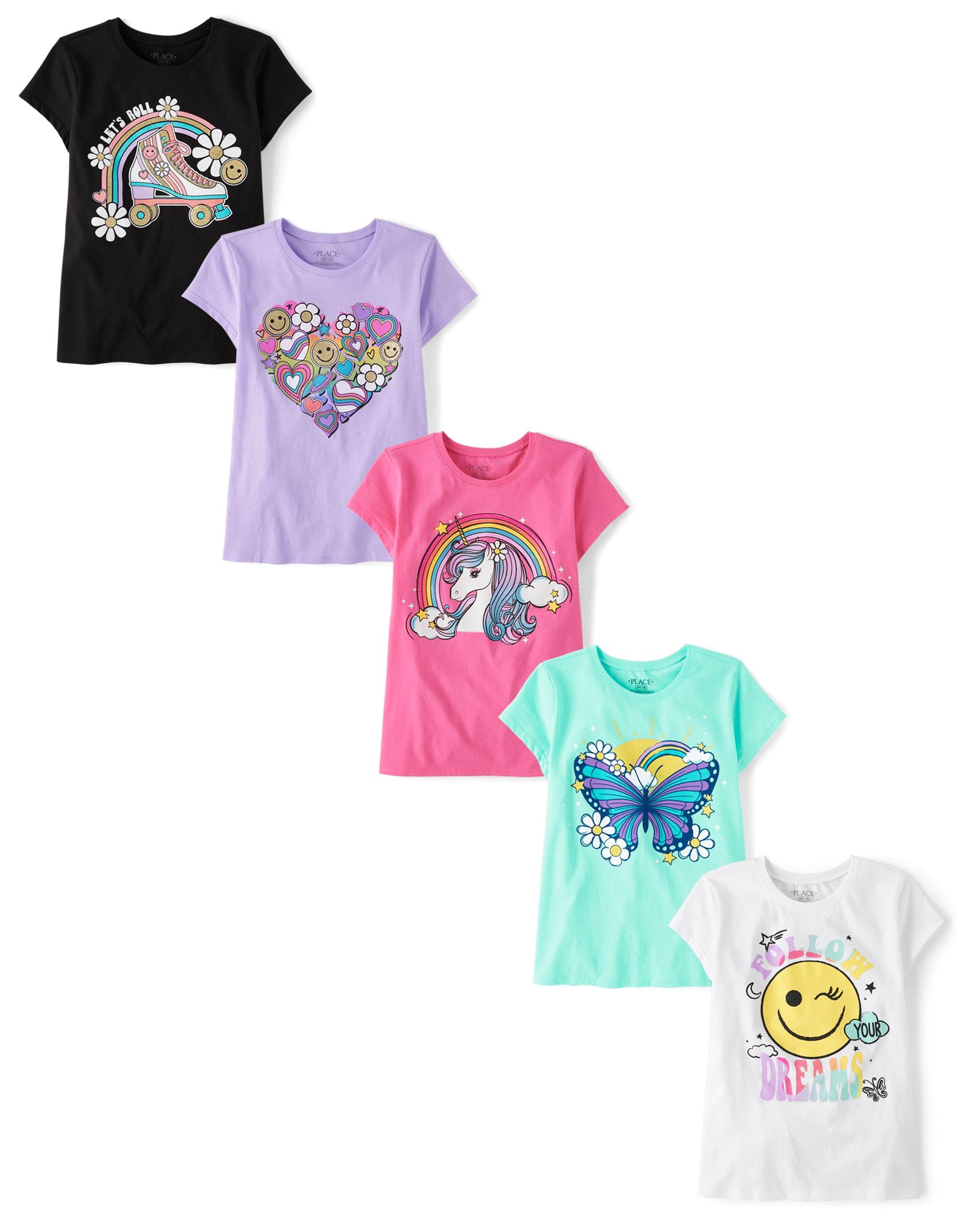 The Children's Place,Girls,Assorted Everyday Short Sleeve Graphic T-Shirts,Multipacks,Icon Trends 5-Pack,X-Large Image