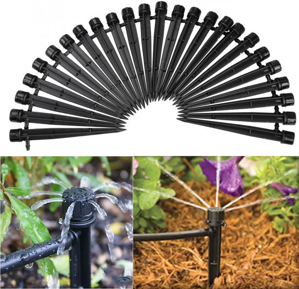 MINGZE 50pcs 360 Degree Drip Irrigation Kits, 13cm Black Adjustable Drip Emitters Micro Flow System Self Plant Garden Hose Watering Kits