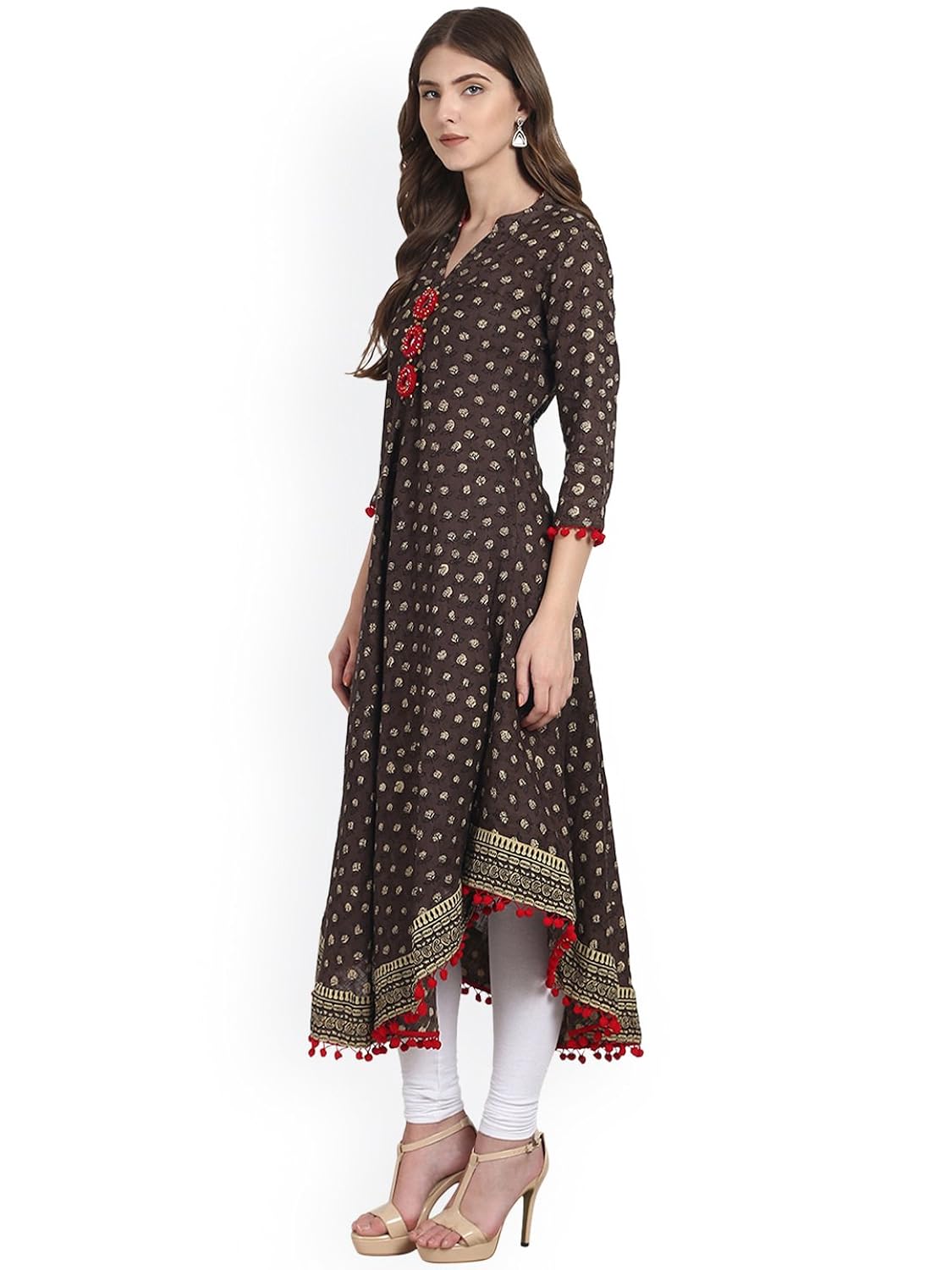 amayra womens cotton printed anarkali kurti (brown)