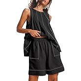 Tomosc Womens 2 Piece Lounge Set Casual Summer Outfits Sleeveless Tank Top and Elastic Waist Shorts with Pockets