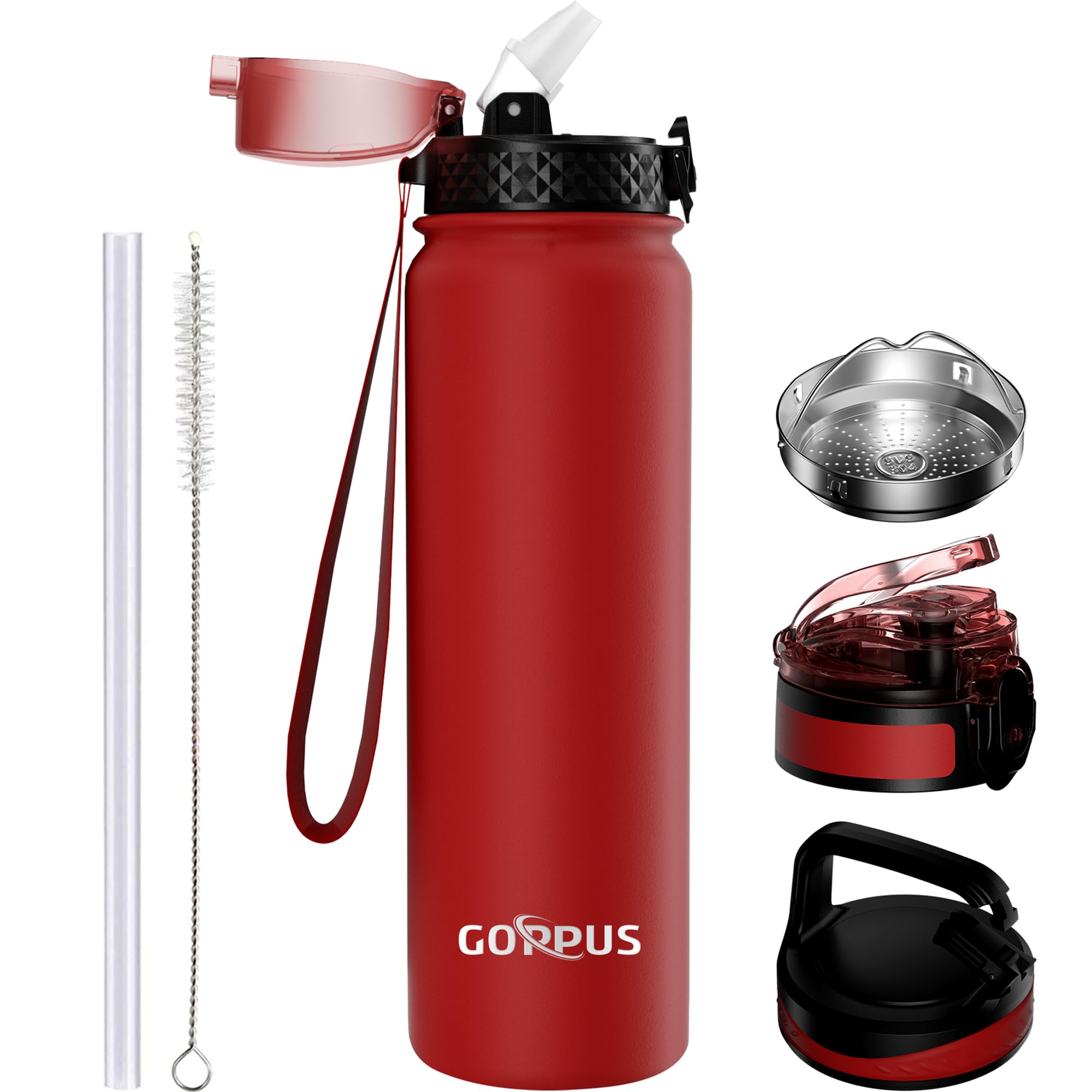 GOPPUS 1L/32oz Stainless Water Bottle with Straw Double Wall Insulated Bottles with Strap Reusable Vacuum Thermal Flask Leakproof Keep Cold Drinks Bottles with Flip Top Lid for Gym Men Women BPA Free