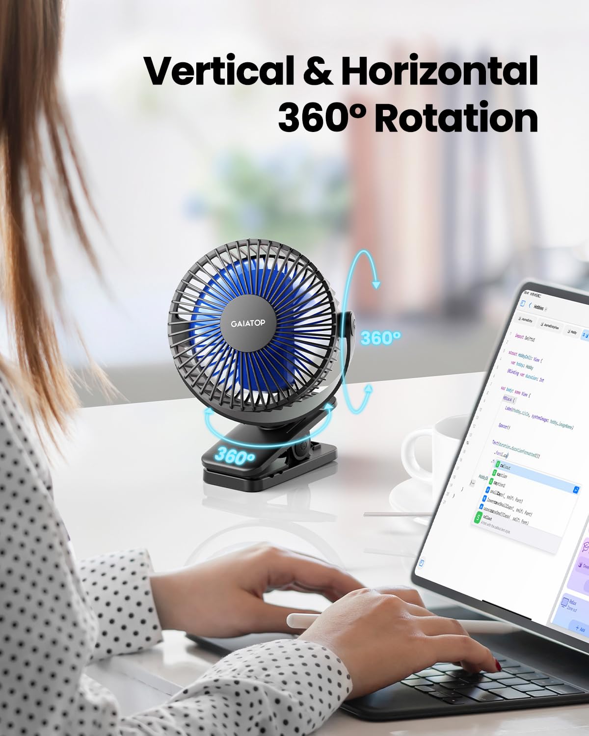 Gaiatop Portable Clip on Fan Battery Operated, Small Powerful 3 Speed Quiet 360° Rotate, USB Rechargeable Mini Personal Cooling Fan for Desk Table Home Office Stroller Camping Women Gifts Black Blue