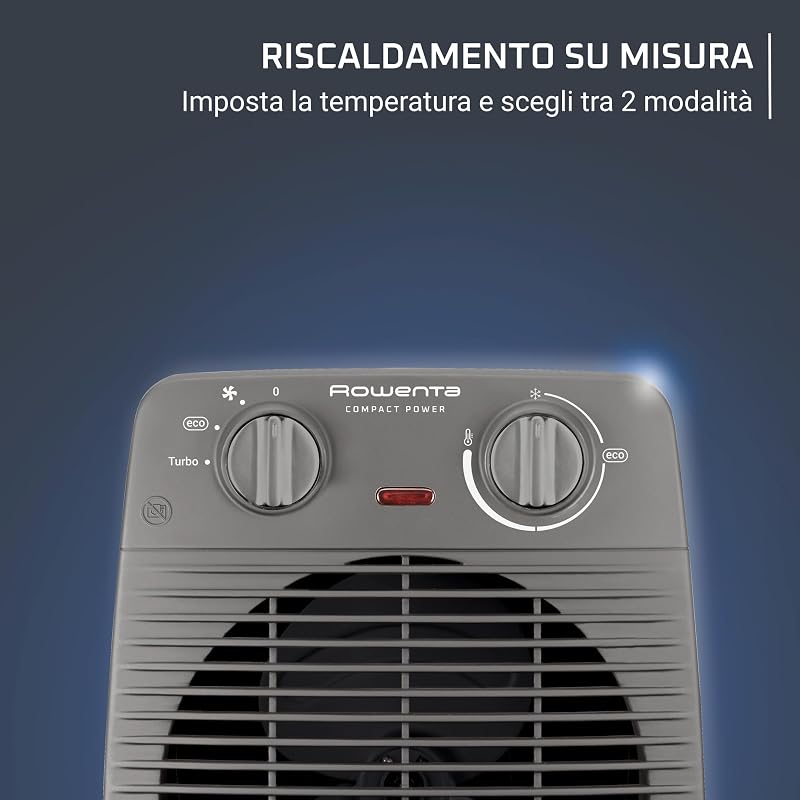 Compact Power, Termoventilatore Compatto per Piccoli Spazi, Ventilazione Calda e Fredda, Modalità Turbo e Eco, 2 Livelli di potenza, Sicuro e Potente, 2000 W, Grigio, SO2212