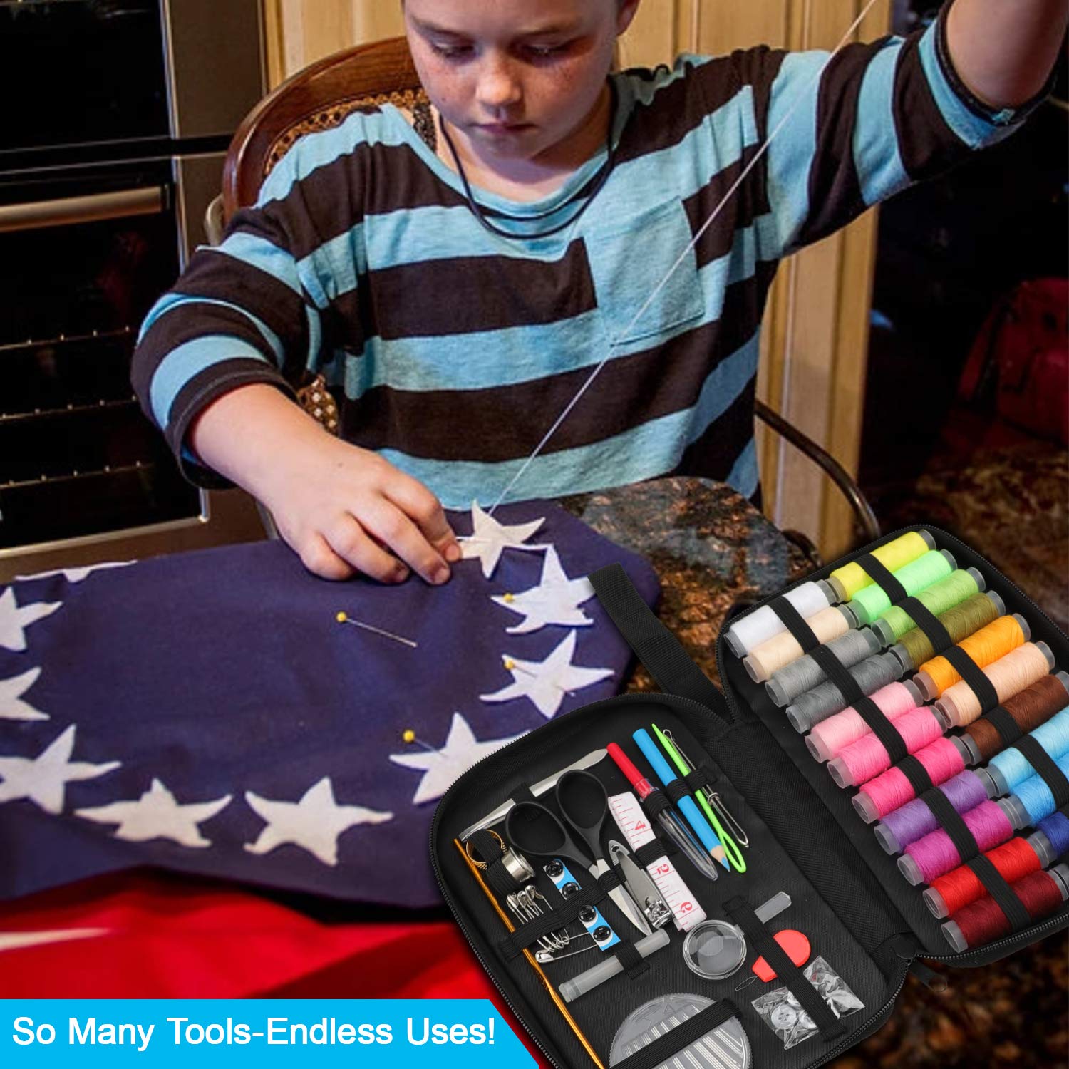 Marcoon Sewing KIT, DIY Sewing Supplies with Sewing Accessories, Portable Mini Sewing Kit for Beginner, Traveller and Emergency Clothing Fixes, with Premium Black Carrying Case (B)