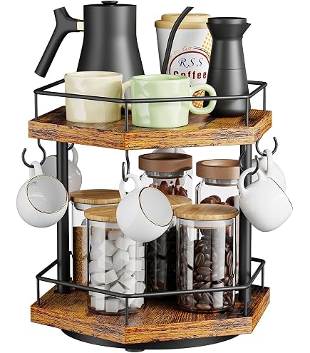 Kaffeestation-Organizer Aus Massivholz | 2-stöckiges Becherregal Mit Acryl-Einsatz Für Tassen, Kaffeebohnen & Zubehör