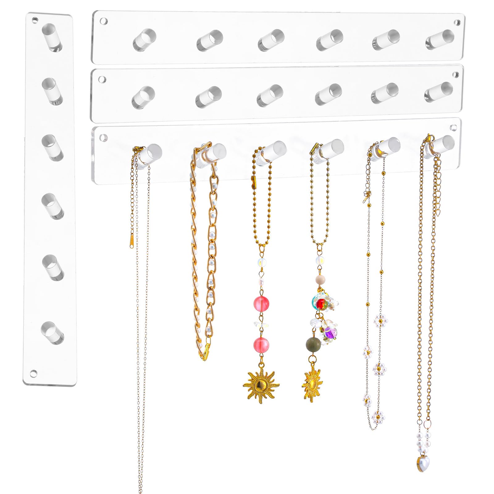 Photo 1 of Telooco Acrylic Necklace Holder 4 Pack, Wall Mounted Jewelry Organizer with 6 Hooks Clear Adhesive Jewelry Wall Mount Hanging Display Rack for Necklaces Earrings Rings Bracelets Jewellery