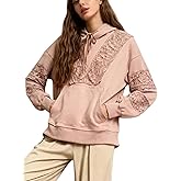 TIQOJE Women’s Pullover Hoodie Lace Eyelet Sweatshirt Long Sleeve Ruffle Trim Hoodie with Kangaroo Pocket (NudePink-M)