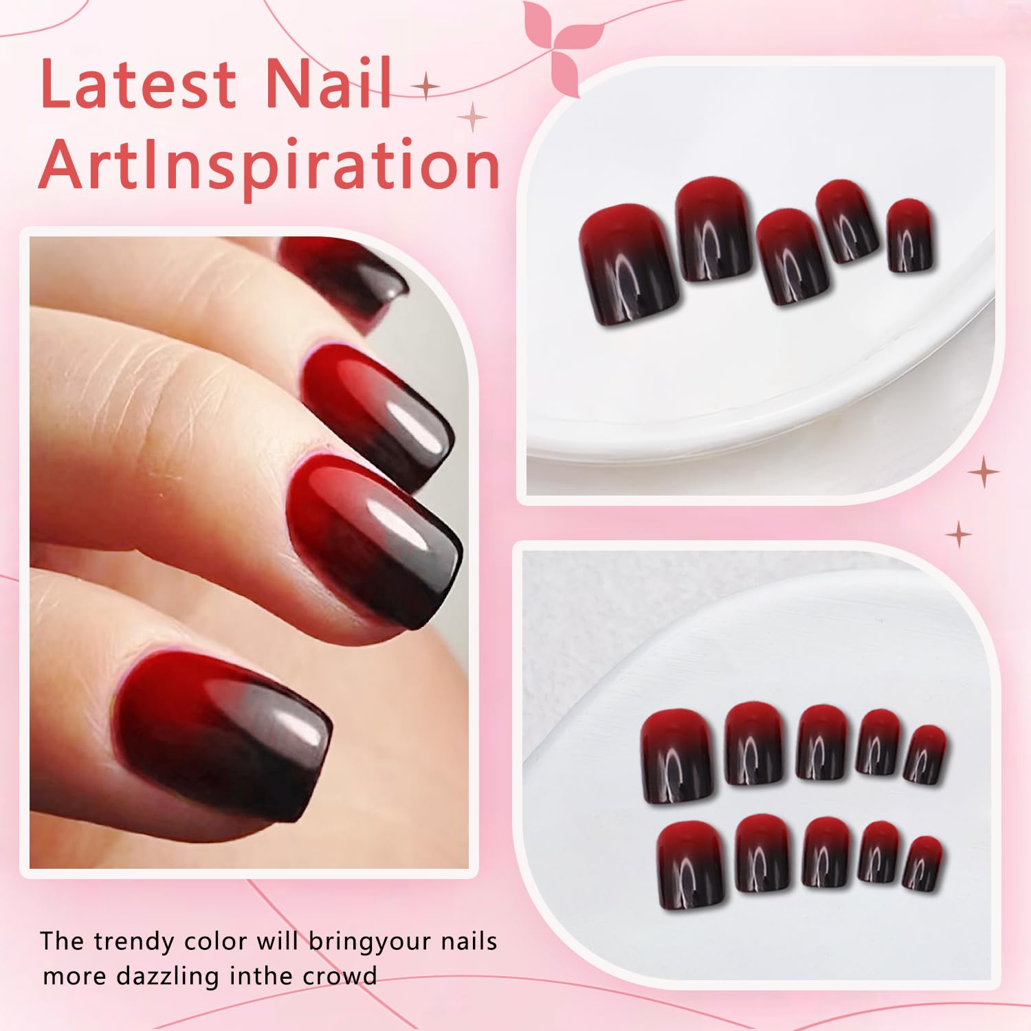 Halloween Red & Black Gradient Press on Nails Short Square Shaped False Nails Designs Glossy Reusable Fake Nails Full Cover Acrylic Nails Halloween Stick on Nails for Women DIY Manicure 24 Pcs - Image 3