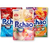 Japanese Chew Puchao Soft Candy &ndash; 3 Flavor Pack: Peach &amp; Yogurt, Ramune &amp; Cola, Tropical Fruit Mix with Gummy Bits &ndash; 3.53oz Each, Pack of 3