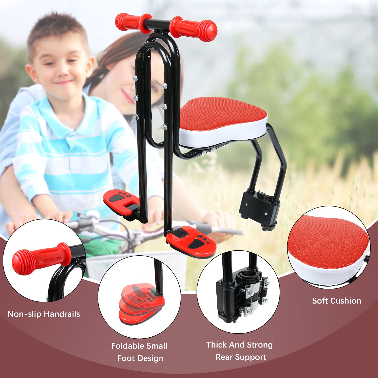 INNOLIFE Child Bike Seat, Kids Bicycle Seat Front Mounted Child Bike Carrier with Handrail & Foldable Pedals for 3-6 Years Children, Kids,Toddlers