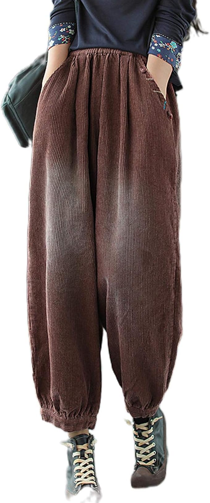 Women Autumn Winter Elastic Waist Corduroy Bleached Pants Ladies Loose Knickerbockers Harem