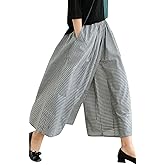 Leyoutx Women's Cotton Linen Wide Leg Culottes Pants Elastic Waist Plaid Gingham Capri Palazzo Pants