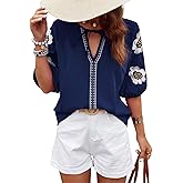 IYICLOTH Women's Summer Tops Floral Embroidered Puff Short Sleeve Shirts V Neck Boho Tunic Casual Blouse