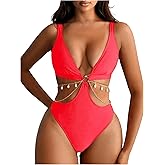 OYOANGLE Women's One Piece Swimsuit Ring Linked Cut Out Bathing Suit High Cut Swimwear