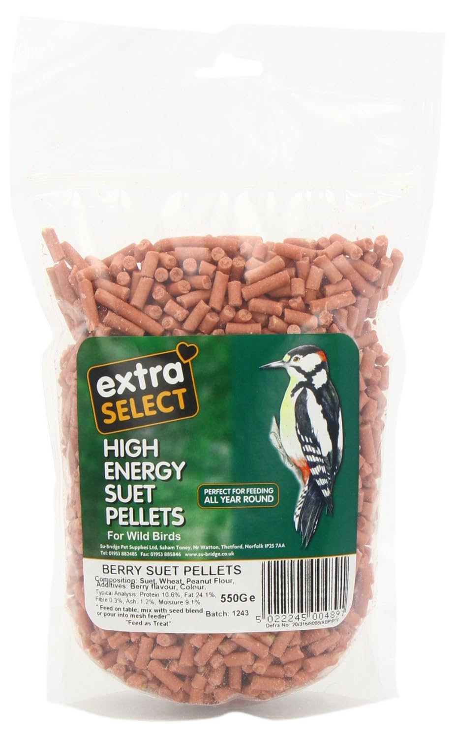 Extra Select High Energy Berry Suet Pellets Wild Bird Treat Pouch, 550