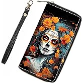 ZXHSBROK Sugar Skull Girl Flower Wallet for Women with Credit Card Holder Coin Money Clip PU Leather Zip Around Clutch Wallet