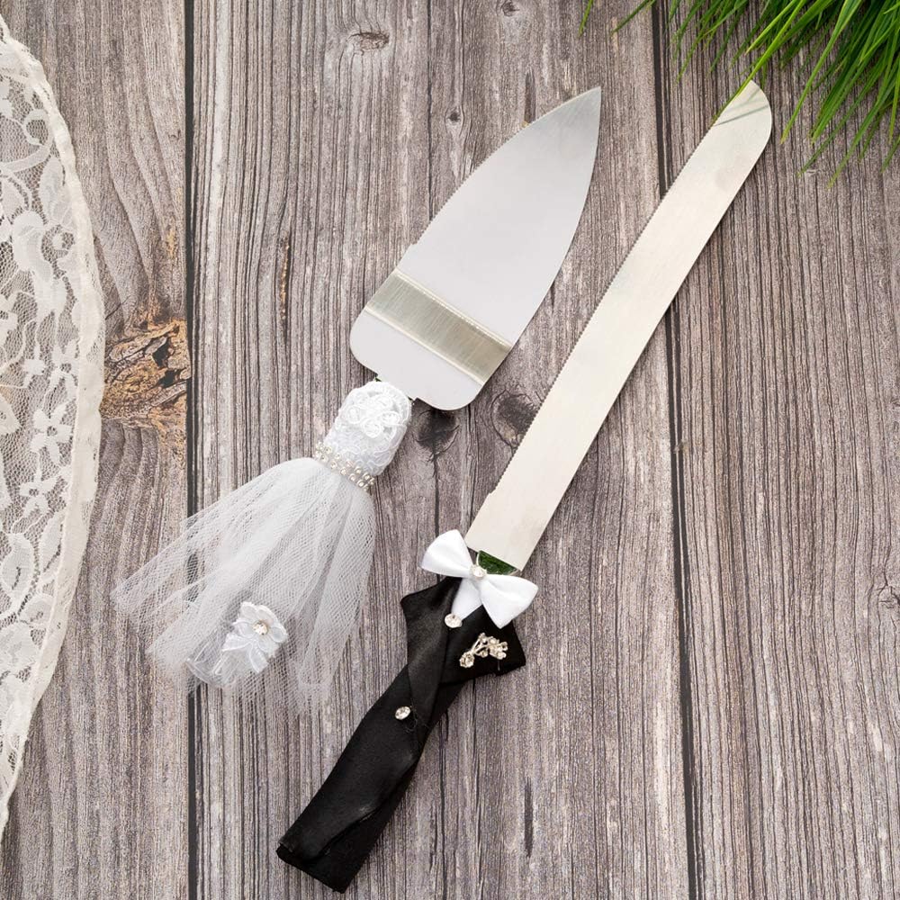 Rustic Wedding Cake Knife and Server Set, Dessert Cake Cutter and Serving Cutting Set with Romantic and Lace Dress and Satin Suit Decor Handle