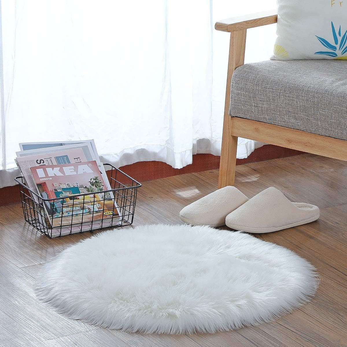 KAIHONG Faux Fur Sheepskin Style Rug,Faux Fleece Chair Cover Seat Pad Soft Fluffy Shaggy Area Rugs For Bedroom Sofa Floor (Round White - Image 5