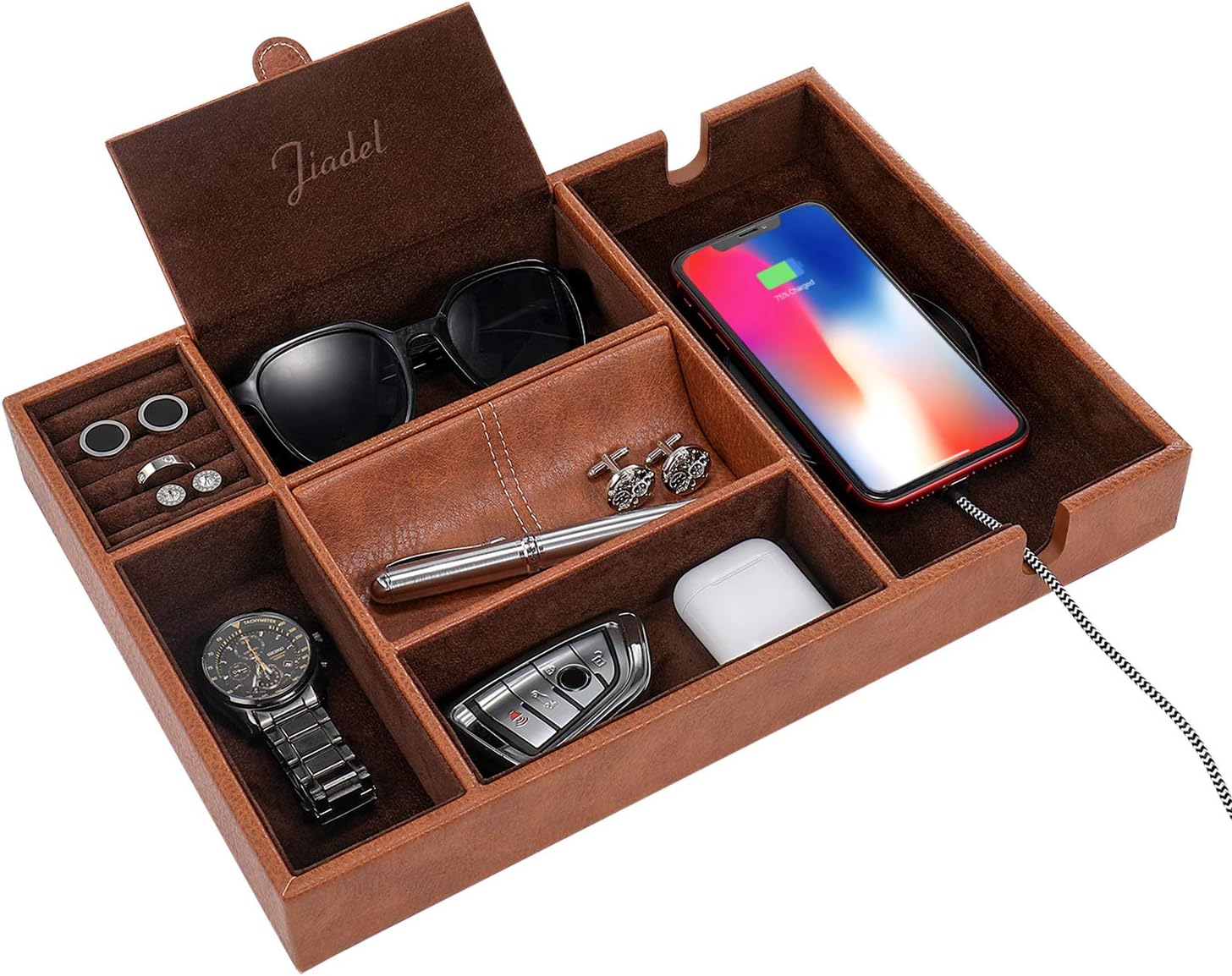 Amazon Com Jiadel Valet Tray For Men Nightstand Organizer Table Organizer Edc Tray Smartphone Charging Station Dresser Tray Catch All Coffee Faux Leather Home Kitchen