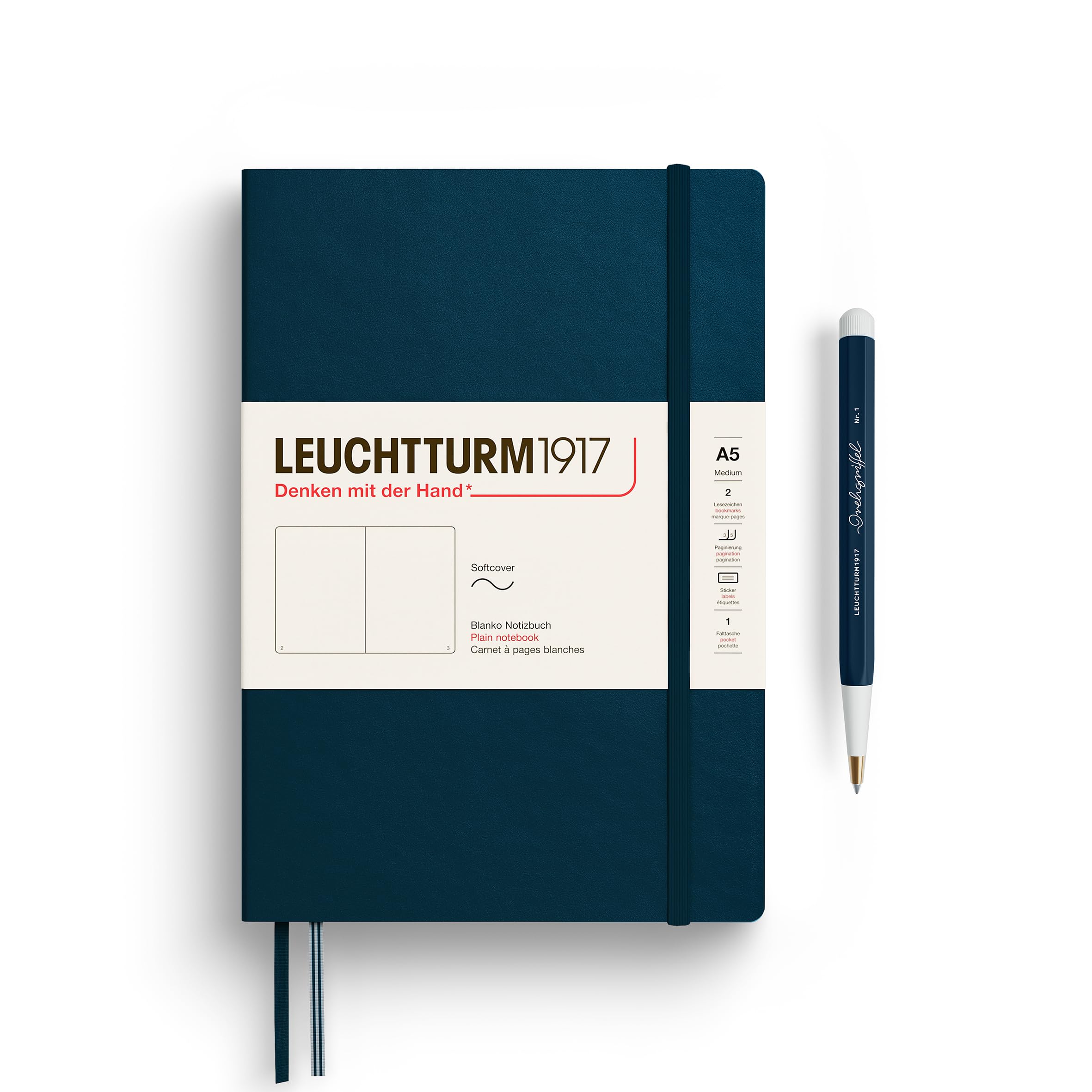 LEUCHTTURM1917 372204 Notebook Medium (A5), Softcover, 123 Numbered Pages, Deep Sea, Plain