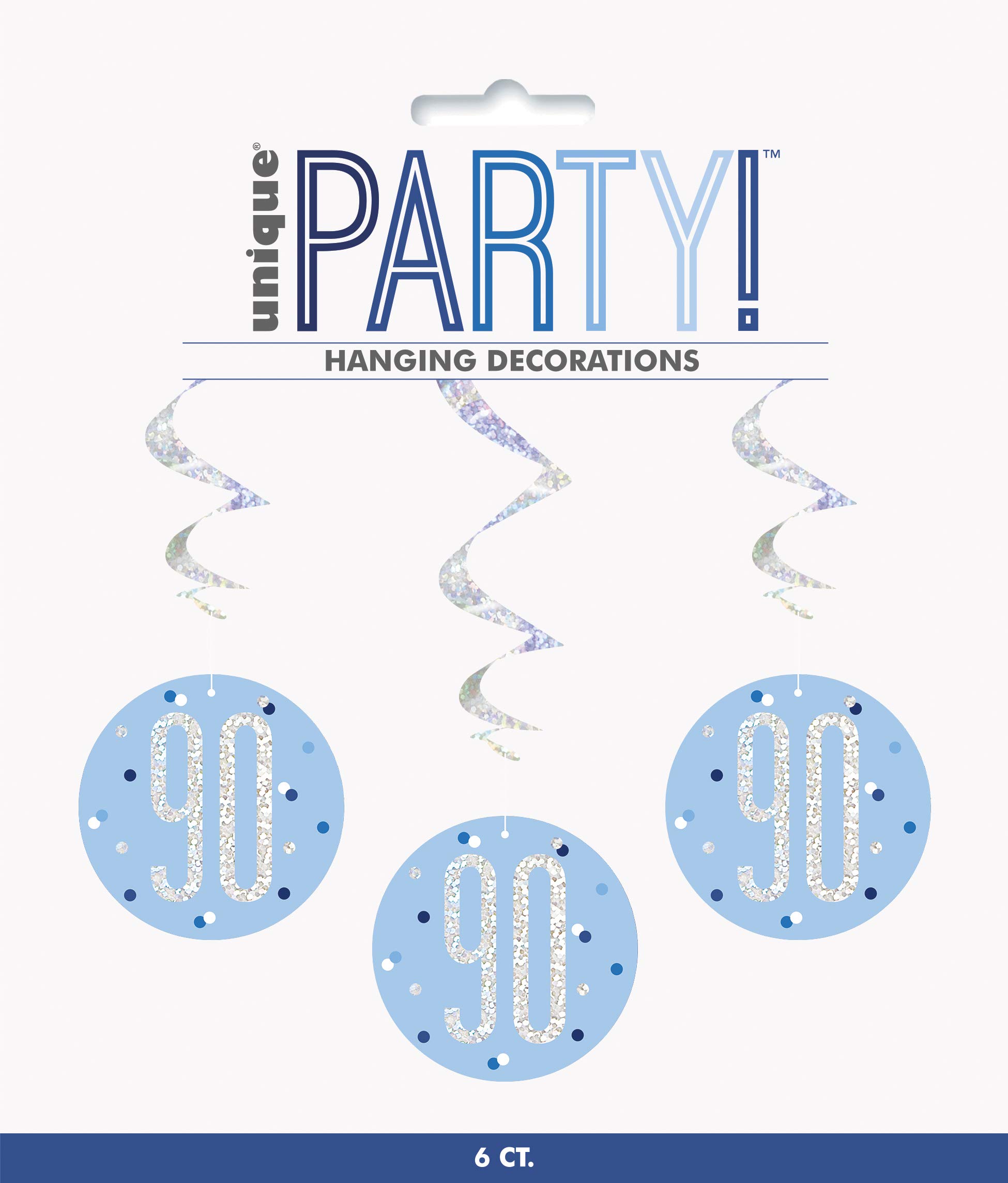Unique Party 83804 - Hanging Swirl Glitz Blue & Silver 90th Birthday Decorations, Pack of 6