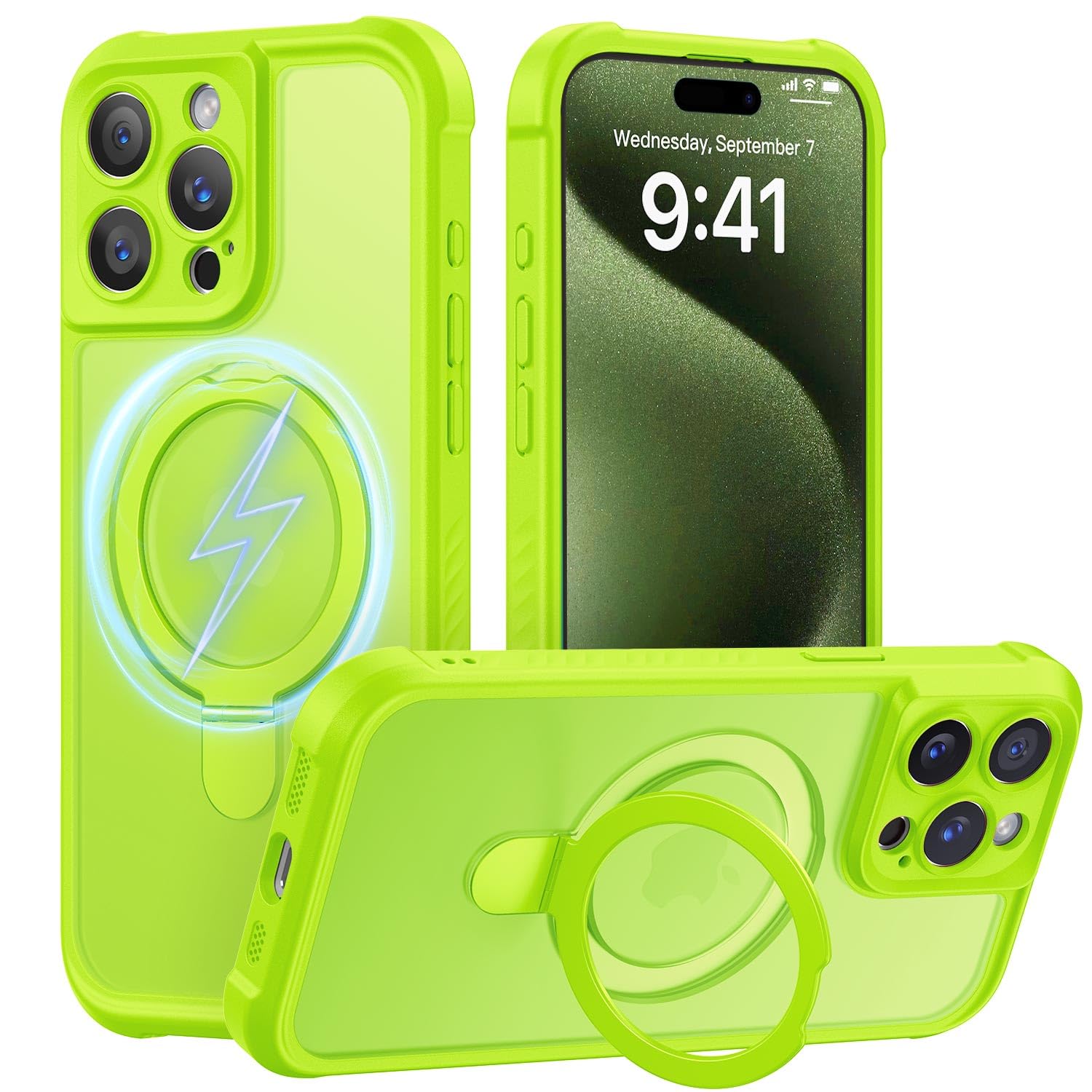 Photo 1 of MOCCA Design for iPhone 15 Pro Case with Magnetic Invisible Stand [Full Camera Protection] [Compatible with Magsafe] Military Drop Shockproof Translucent Matte Phone Case Cover 6.1",Fluorescent Green