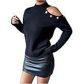 RoseSeek Women's Mock Neck Cold Shoulder Sweaters Button Pullover Sweaters Elegant Tops
