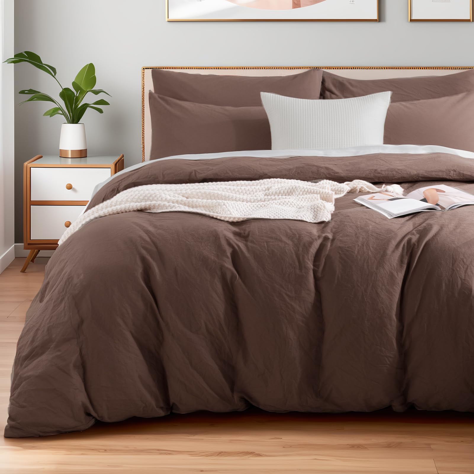 Photo 1 of NEXHOME PRO Queen Duvet Cover Set, 100% Certified Organic Cotton with Washed Feel & Linen-Like Texture, Comfortable & Breathable, Home Bedding Set Dark Brown (No Comforter)