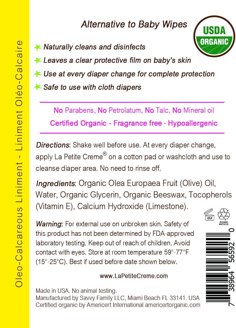 La Petite Creme - Organic French Diapering Lotion **Alternative to Baby Wipes** Liniment (8 Oz) - USDA Certified Organic: Health & Personal Care