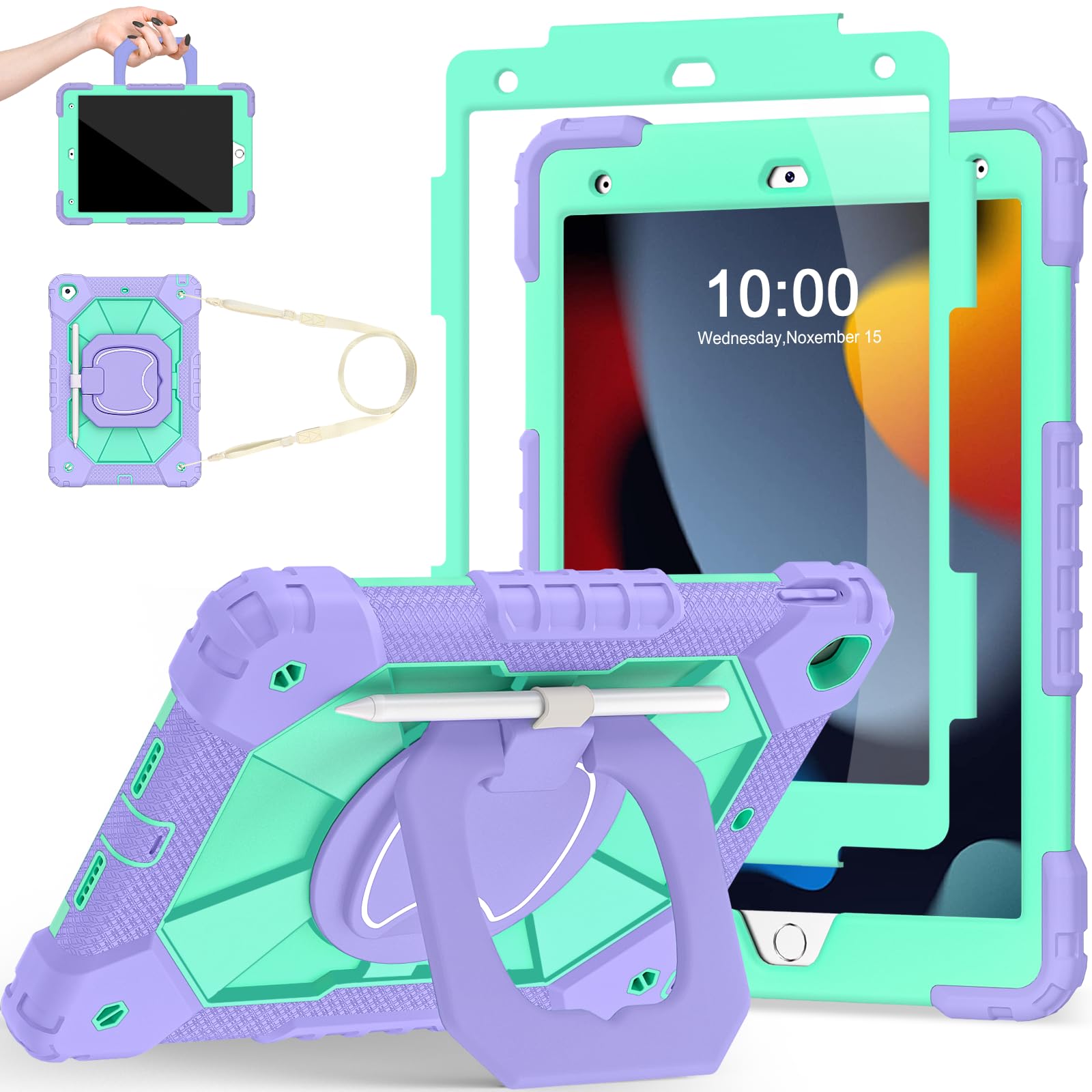 Photo 1 of Scnioy Case for iPad 9th 8th 7th Generation iPad 10.2 Inch 9th Gen Tablet Cover with Screen Protector Pen Holder 360° Rotating Stand, Purple Green
