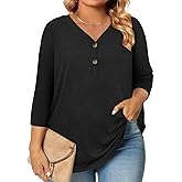 Plus Size Clothes 3/4 Length Sleeve Womens Tops Button Down Shirts Blouses Dressy Casual Loose Tunics L-4XL