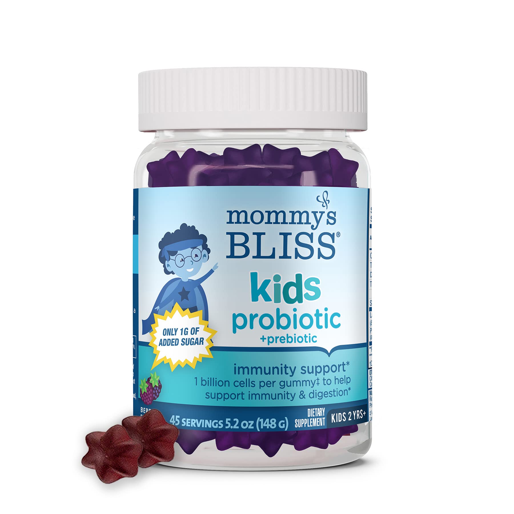Mommy’s Bliss Kids Probiotic + Prebiotic Gummies, Supports Immunity & Digestive Health, 1 Billion CFU Per Gummy, Berry Flavor, Ages 2 Years+, 45 Count